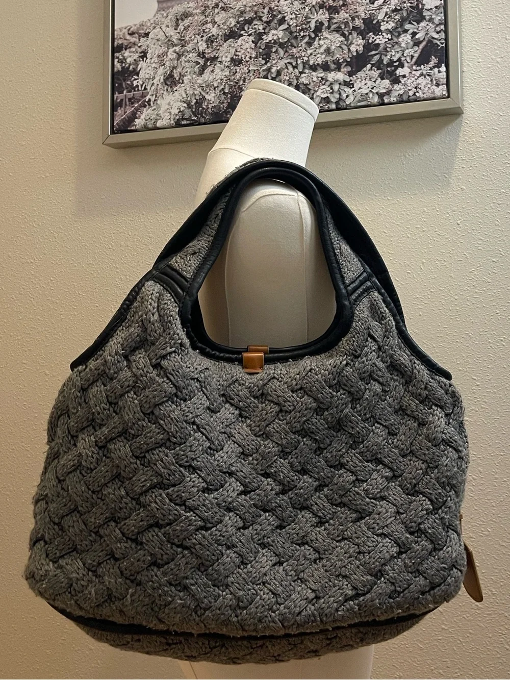 Vintage UGG Australia Grey Cable Knit & Leather Slouchy Hobo Bag Handbag